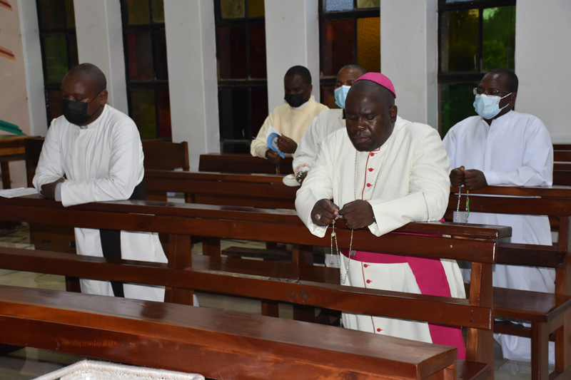 His Grace Goerge Tambala praying the rosary with the clergy at Maula Cathedral